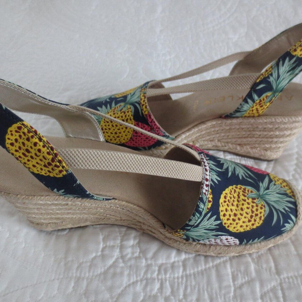 Navy Blue Tropical Pineapple Print Espadrille Wedges - Picture 5 of 8